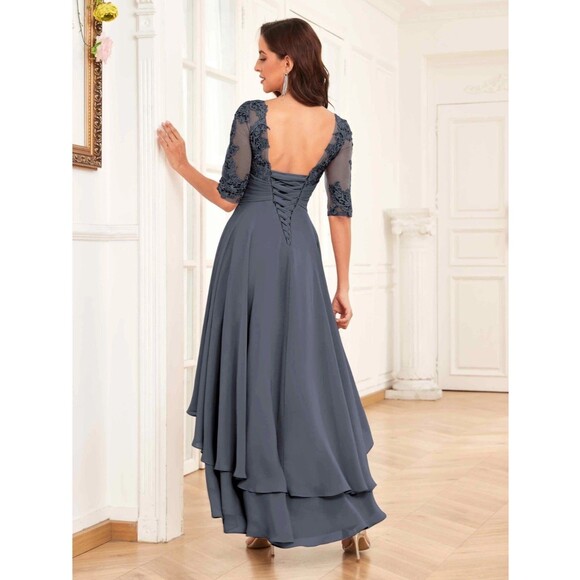 New Mother of the Bride (8) Stormy Blue Chiffon Half Sleeve Hi Lo  Maxi Dress - Picture 13 of 13